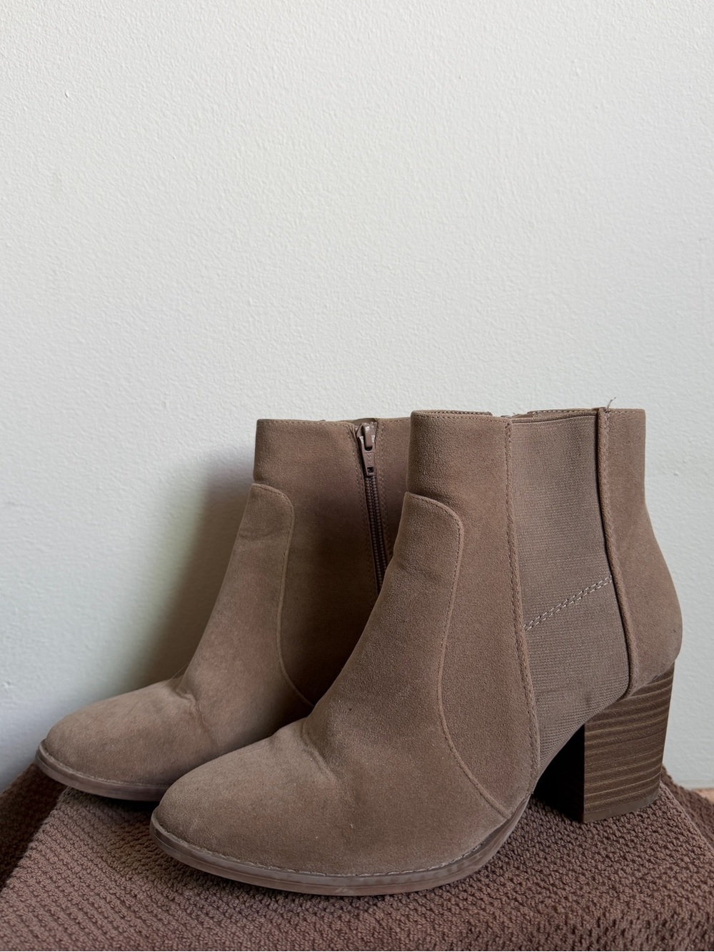 Taupe Suede Block Heel Ankle Boots - Women's